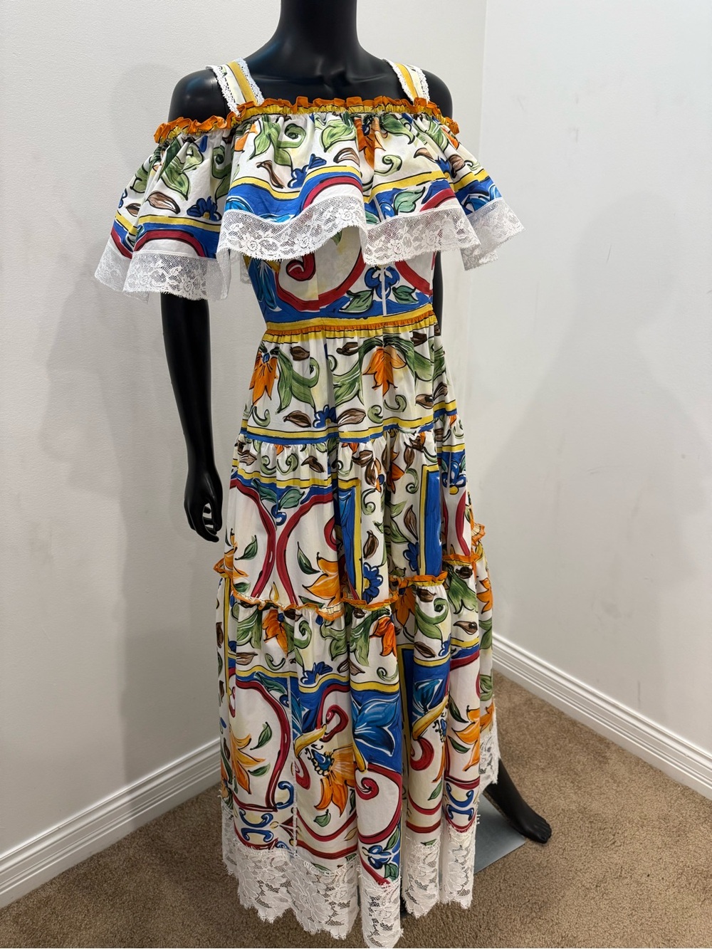 Dolce & Gabbana Sicily Majolica Off Shoulder Cotton Lace Maxi Dress IT 42 US 6 - Picture 5 of 16